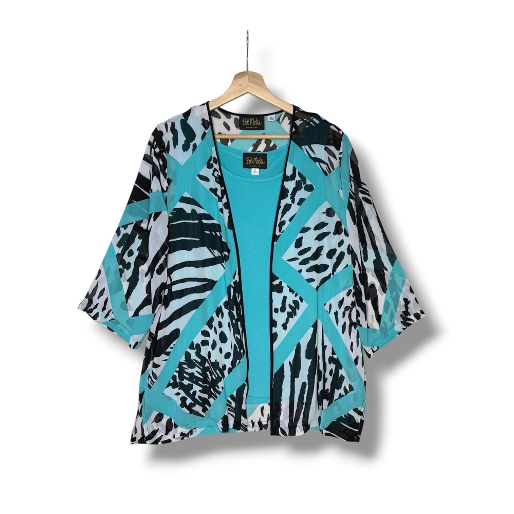 Bob Mackie‎ Wearable Art Women's M Turquoise Animal Print 2pc Cardigan Tank Set